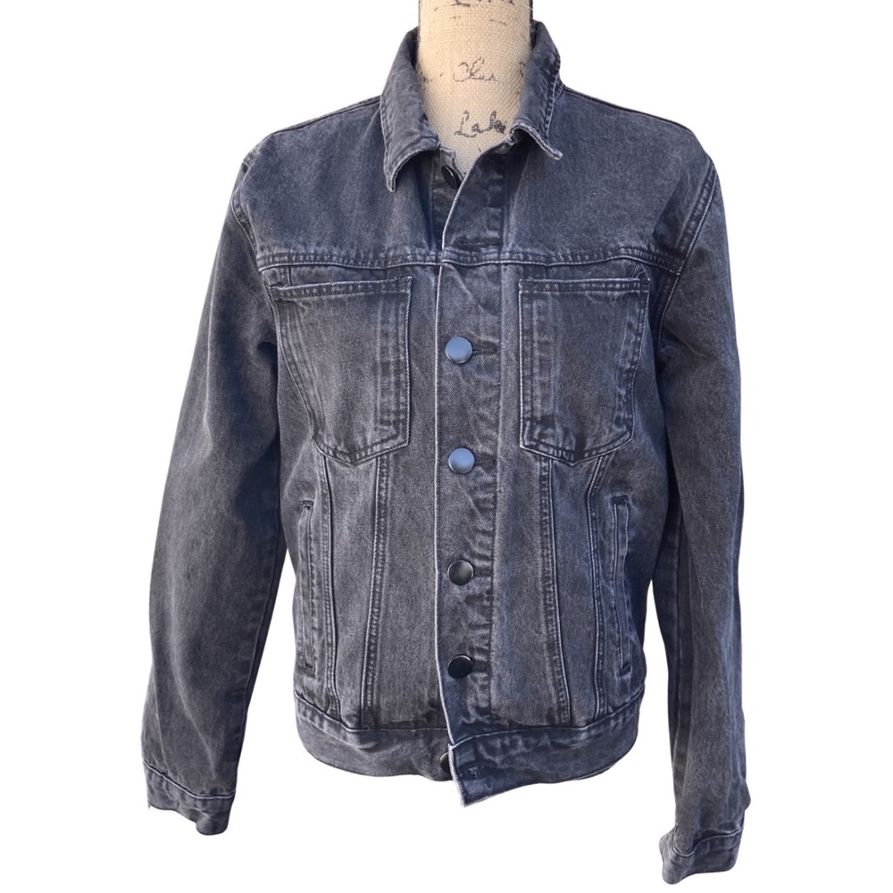 Dark Charcoal Faded Black Boxy Denim Button Up Jacket